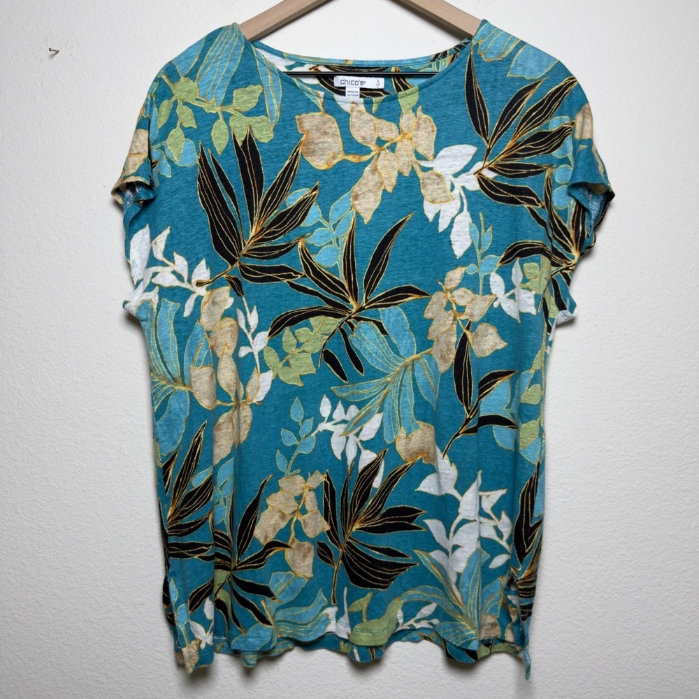 Chico's Womens 100% Linen Top Large Blue Tropical Palm Leaf Short Sleeve Tee